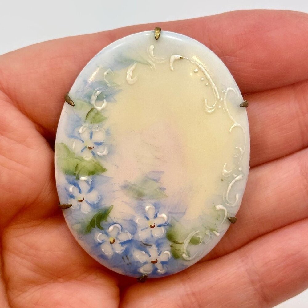 Victorian Brooch, Hand-painted, Porcelain, Forget-Me-Knot, Blue, C Clasp, Unique